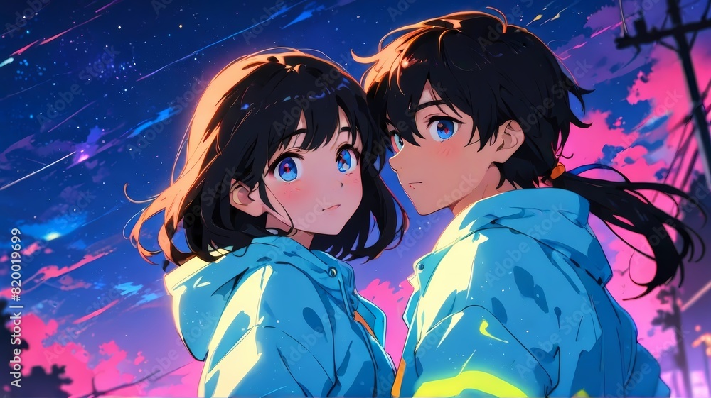Cute couple standing close to each other, boy girl, love, sunset clouds nature in background, Anime style illustration, anime background, manga, vibrant, cartoon vector art Cute couple standing close to each other, boy girl, love, sunset clouds nature in background, Anime style illustration, anime background, manga, vibrant, cartoon vector art