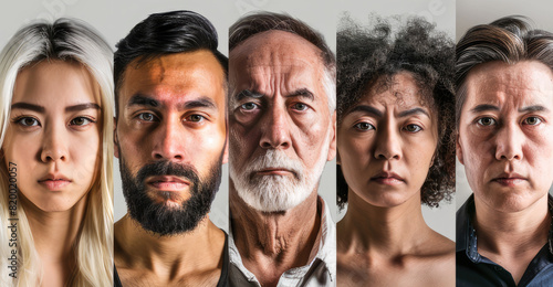 collection of portraits of serious looking people on grey background