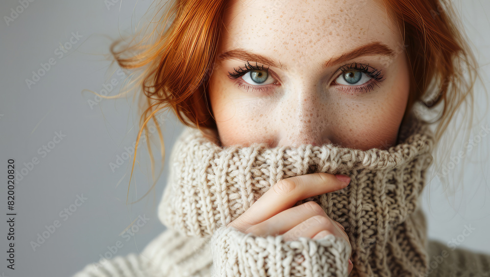 portrait of red-haired young woman hiding in her beige sweater portrait of red-haired young woman hiding in her beige sweater