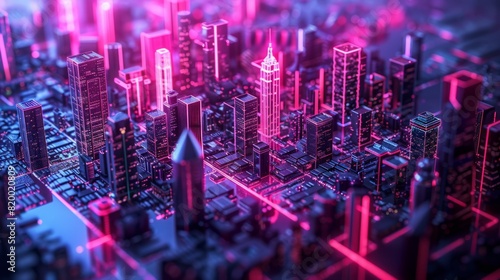 Futuristic Cityscape with Neon Lights Resembling a Circuit Board