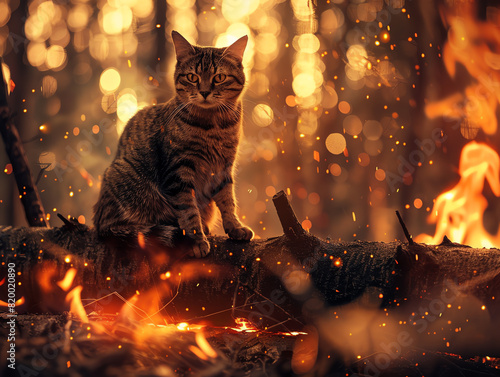 A brave cat sits on a burning log in the middle of a raging forest fire photo