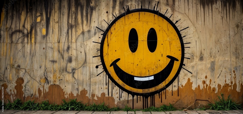 Yellow smiley face painted on an old wall in graffiti style Yellow smiley face painted on an old wall in graffiti style