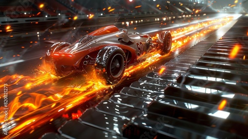 A race car with an engine that bursts with flames in the shape of musical notes speeds across a giant piano keyboard.