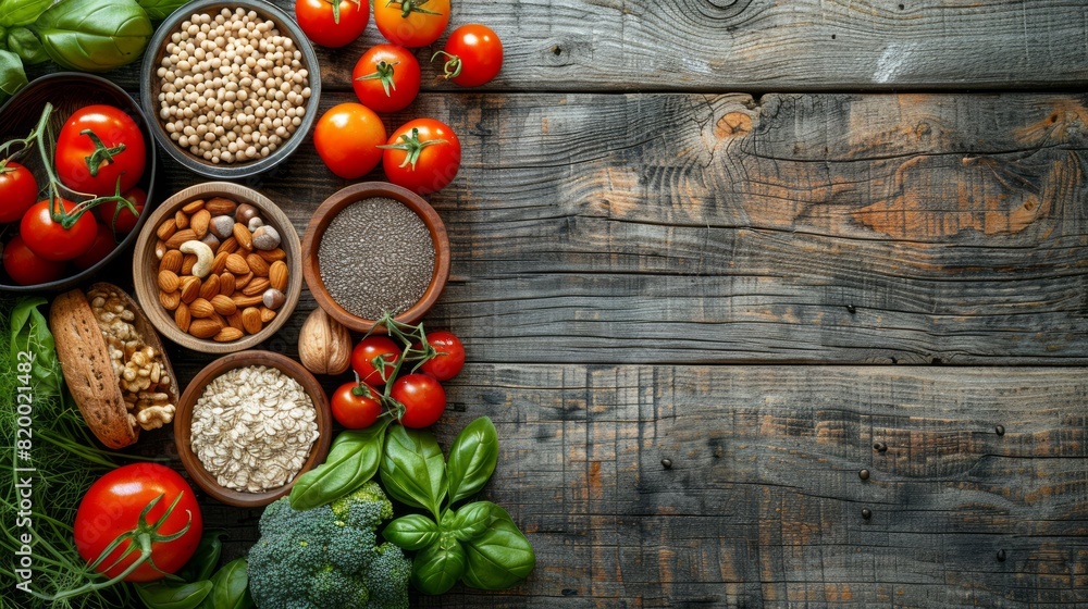 Flat lay design of a balanced diet fresh produce, nuts, seeds, and whole grains arranged on a wooden table, with copy space. Flat lay design of a balanced diet fresh produce, nuts, seeds, and whole grains arranged on a wooden table, with copy space.