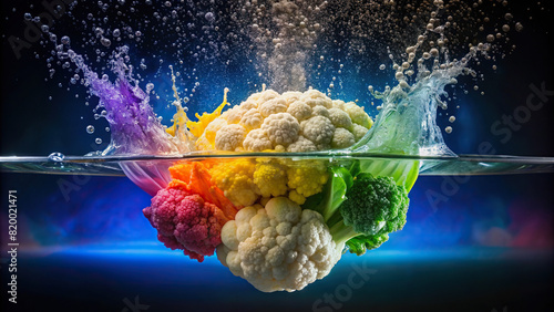 A cauliflower floret plunging into water, generating a striking splash against a background of vibrant rainbow hues. photo