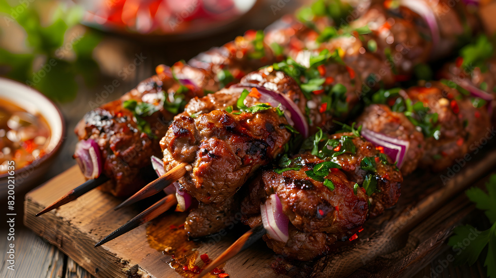 delicious pieces of kebab with onions and vegetables on skewers