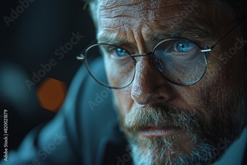 Man with glasses, beard, and wrinkles in closeup photo