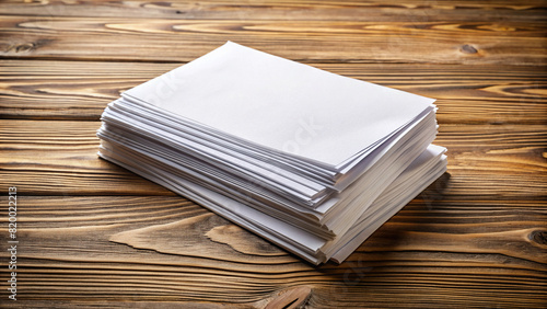 A stack of blank papers on a wooden desk, suitable for copy space needs