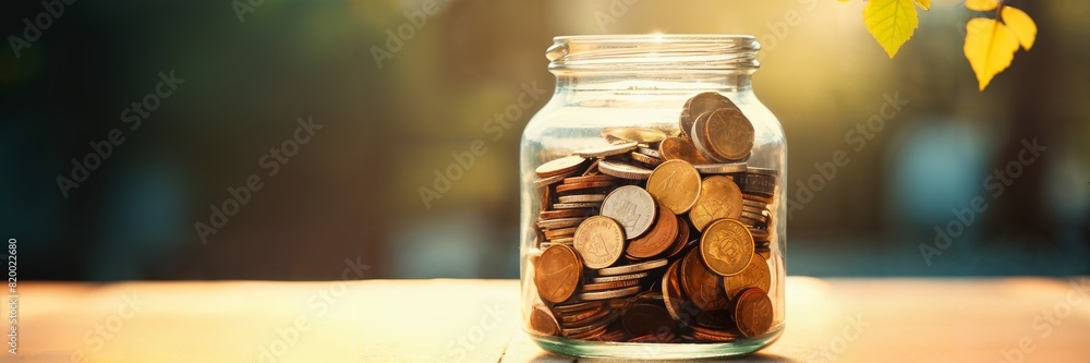 A glass jar filled with various coins sits on a wooden surface, illuminated by warm sunlight with a blurred natural background. A glass jar filled with various coins sits on a wooden surface, illuminated by warm sunlight with a blurred natural background.