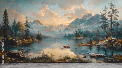 A large-scale mural depicting a serene natural landscape, bringing the beauty of the outdoors into the room on the solid background photo