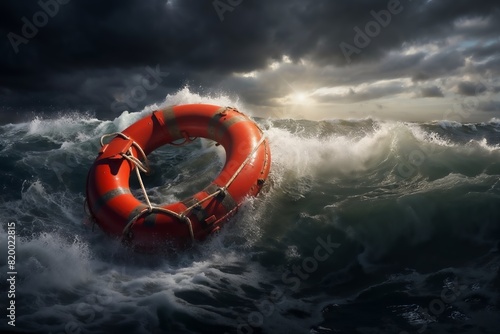 A lone orange lifebuoy floats amidst turbulent, dark ocean waves under a stormy, cloudy sky with a sliver of light breaking through.