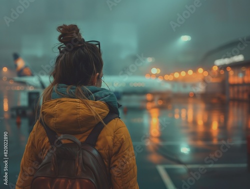 A woman wearing a yellow jacket and a backpack is standing in front of an airport. The scene is blurry and the woman is looking at the camera © MaxK