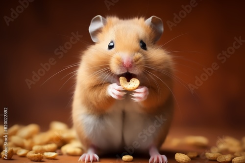 A cute hamster snacking on a piece of cereal, surrounded by more cereal pieces on a wooden surface. The background is a warm, brown gradient.