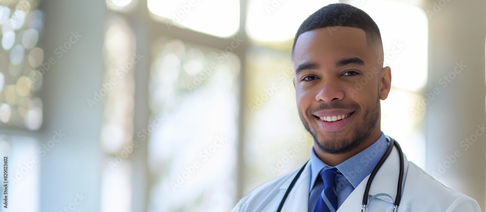 Obraz premium In a hospital, a confident young doctor provides professional healthcare, welcoming patients with a smile. Skilled in medical treatment and consultation, offering expertise in patient care