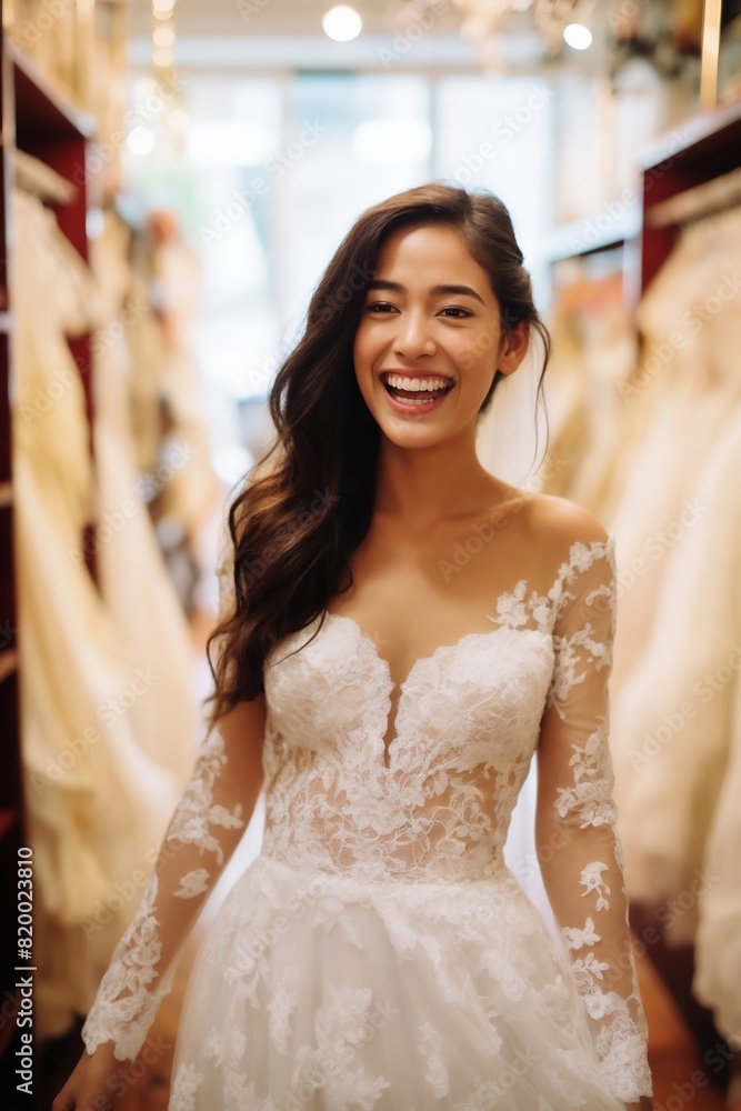 Naklejka premium A smiling woman stands in a wedding dress, showcasing delicate lace details in a well-lit bridal shop.