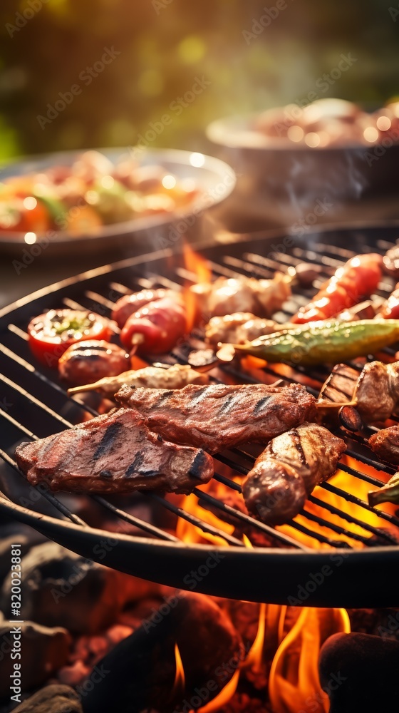 A sizzling summer barbecue with various meats and vegetables grilling over an open flame, surrounded by an outdoor setting. A sizzling summer barbecue with various meats and vegetables grilling over an open flame, surrounded by an outdoor setting.