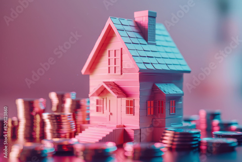 A house is surrounded by a pile of coins