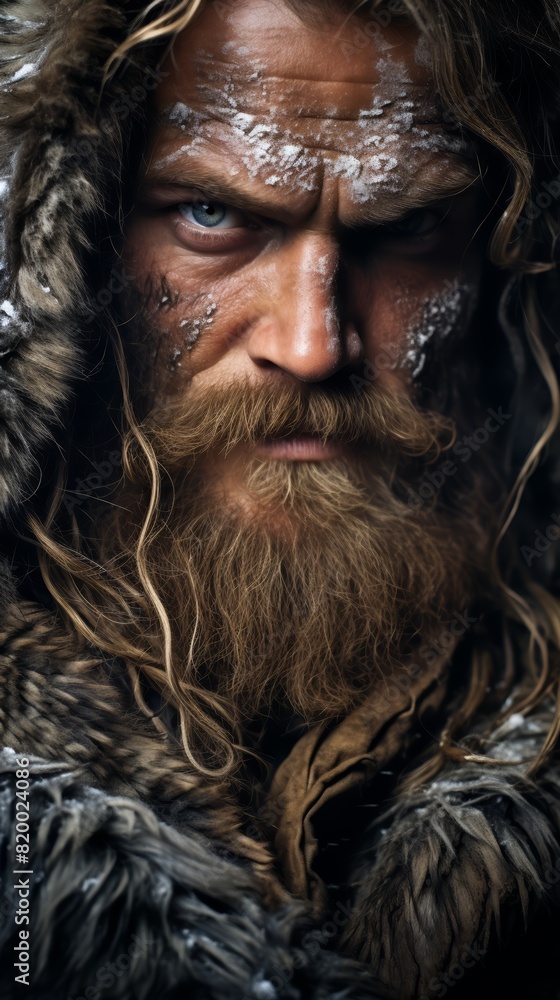 A rugged, bearded Viking warrior stares intensely, with tribal face paint, wearing a fur-lined cloak.