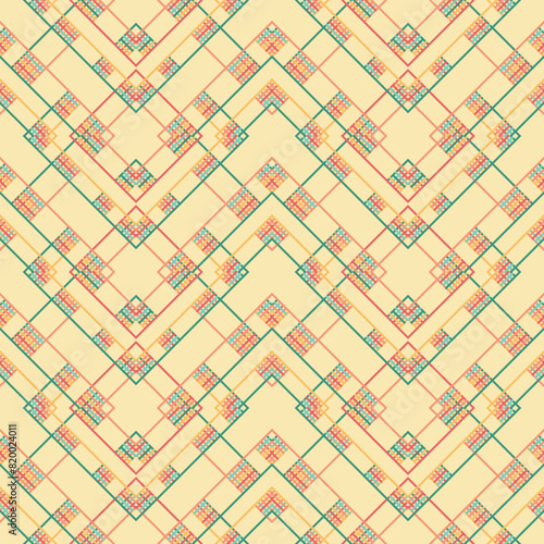 Seamless colored diamond pattern made from straight lines to create retro 70s and 60s style fabric and wallpaper. Geometric shapes in a fashionable style for the cover.