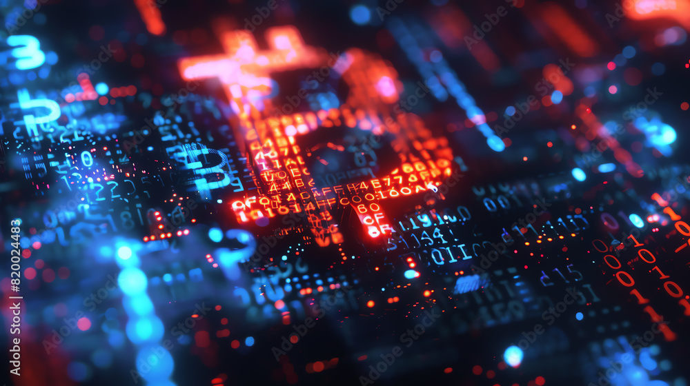 Binary code and bitcoin symbol. Concept of blockchain and cryptocurrency. Binary code and bitcoin symbol. Concept of blockchain and cryptocurrency.