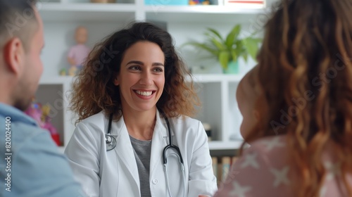 A female doctor with a warm smile offers professional and compassionate patient care during consultation in a medical office. The doctorpatient interaction is friendly and comforting photo