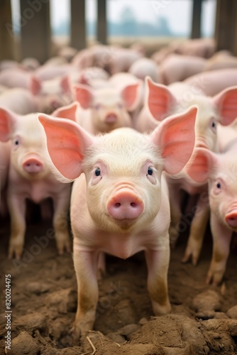 A group of cute piglets stand close together on muddy ground, with one piglet in focus looking directly at the camera.