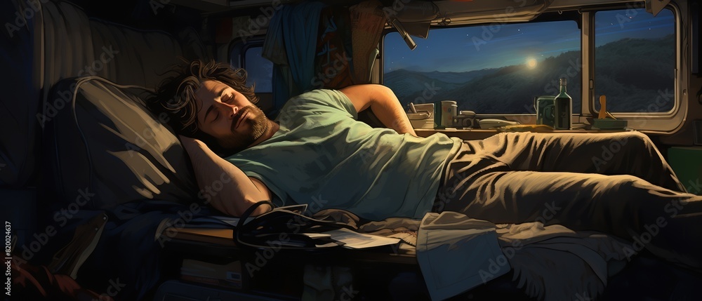 A man sleeps peacefully inside a camper van, illuminated by the moonlight shining through the window. Outside, a serene moonlit landscape unfolds. A man sleeps peacefully inside a camper van, illuminated by the moonlight shining through the window. Outside, a serene moonlit landscape unfolds.