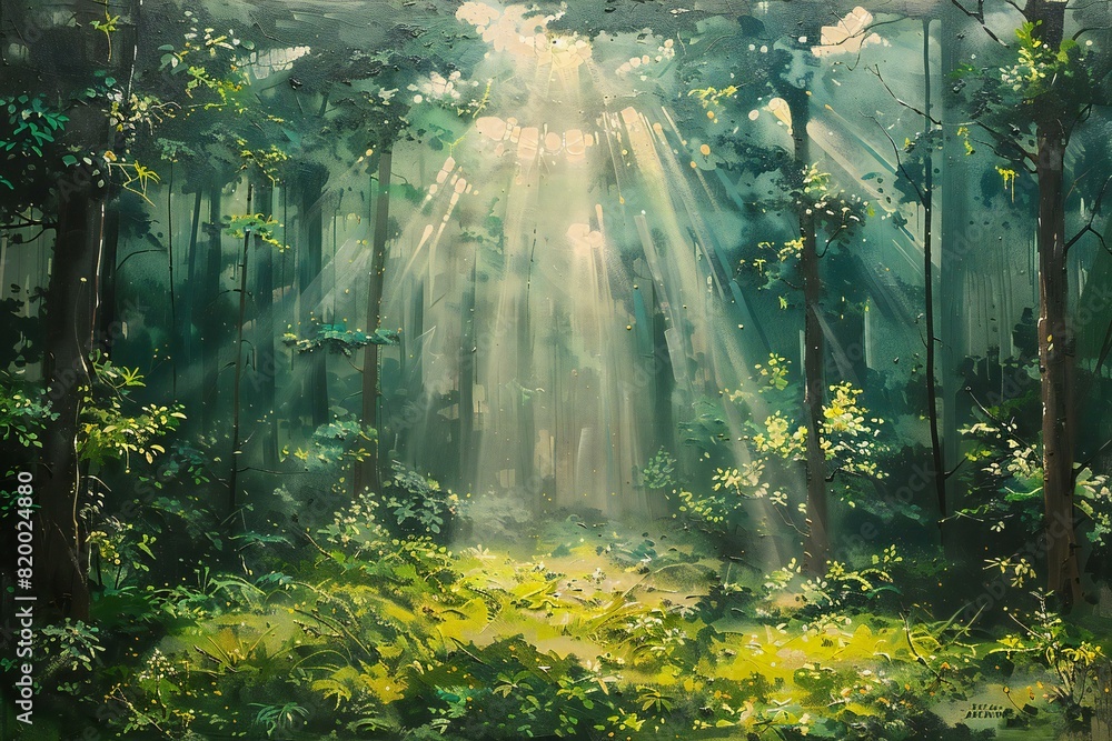 Digital image of the sun shines through a green forest, high quality, high resolution