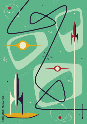 1950s - 1960s Style Background, Vector Template for Retro Party Posters, Invitations, Illustrations. Mid Century Modern Space Age Decorative Style, Space Rockets, Abstract Shapes and Colors