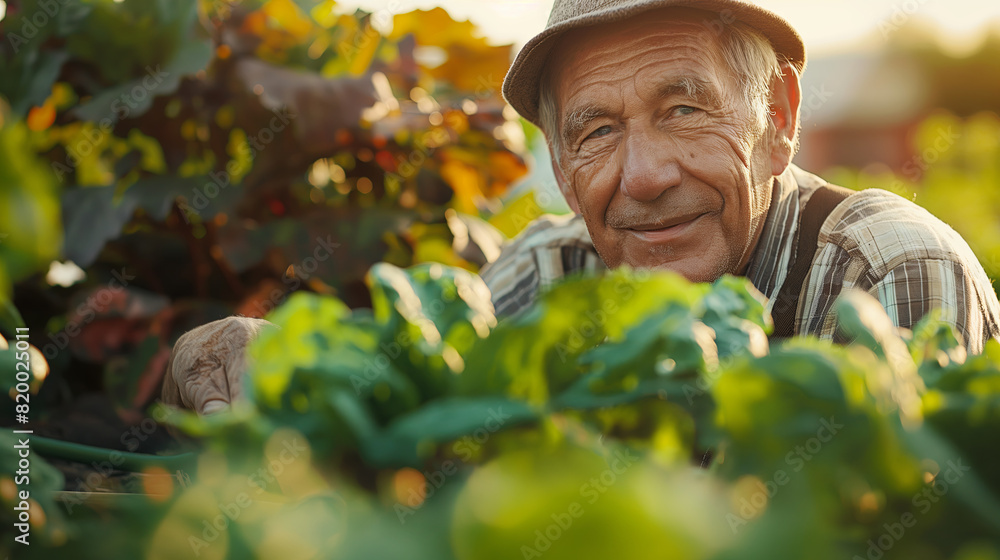 Elderly Farmer Smiling Proudly in Golden Hour at Lush Farm Elderly Farmer Smiling Proudly in Golden Hour at Lush Farm