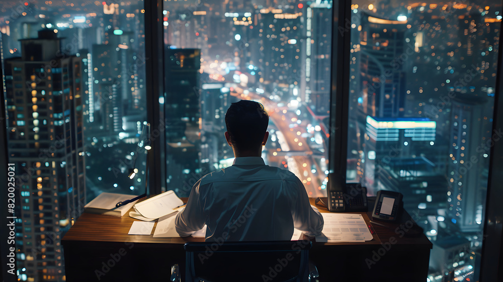 Professional man reviewing documents at his desk with a cityscape view from the office window Professional man reviewing documents at his desk with a cityscape view from the office window
