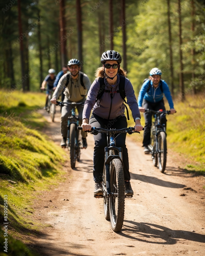 Naklejka premium A group of cyclists rides through a forest trail on a sunny day, enjoying an outdoor adventure together. The path is surrounded by lush greenery and trees.