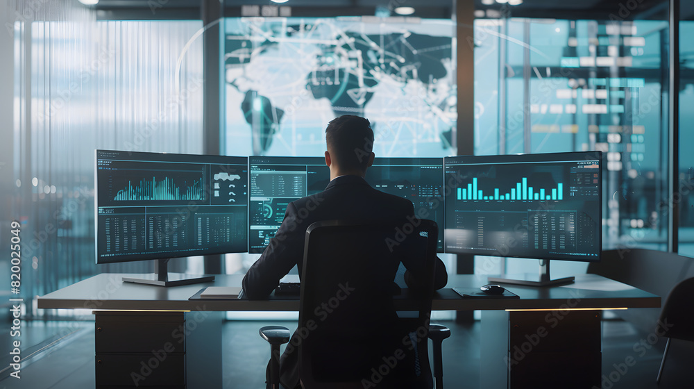 Employee analyzing data on multiple monitors in a high-tech office setup working Employee analyzing data on multiple monitors in a high-tech office setup working