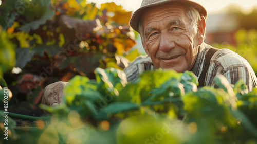 Elderly Farmer Smiling Proudly in Golden Hour at Lush Farm