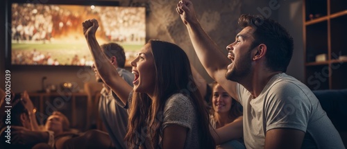 A group of friends enthusiastically watching a sports game on television, celebrating a big play in a cozy living room. photo