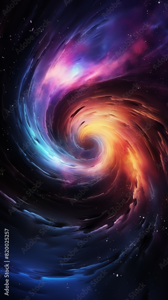A vibrant swirling galaxy with colors transitioning from blue to red and orange, set against a dark, starry cosmic background.