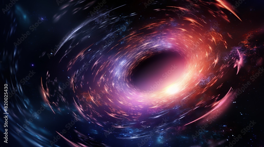 A mesmerizing cosmic black hole, swirling with radiant colors and particles, set against a starry backdrop. A mesmerizing cosmic black hole, swirling with radiant colors and particles, set against a starry backdrop.
