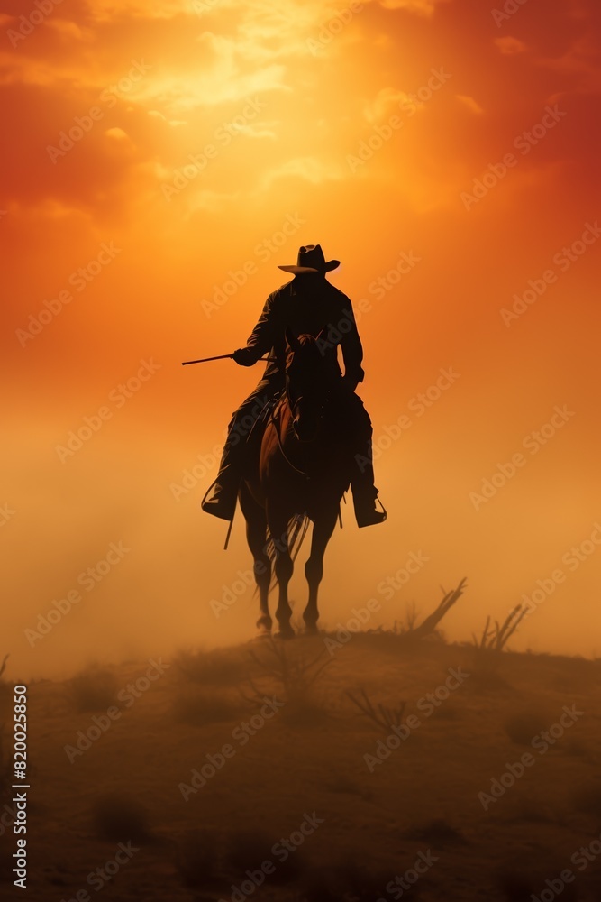A silhouette of a cowboy on horseback with a dramatic sunset sky and a dusty, desert landscape in the background.