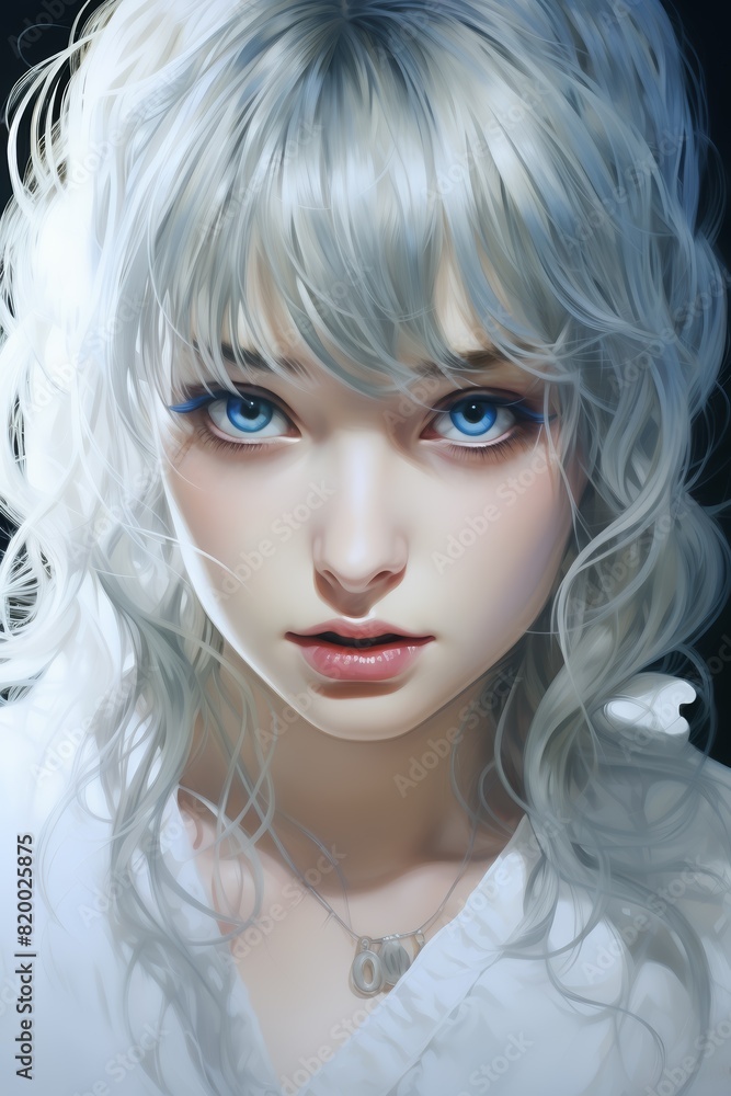 Fototapeta premium A close-up digital painting of a young woman with silver hair and blue eyes, wearing a white garment. Her expression is calm and focused, with intricate details in her hair and facial features.