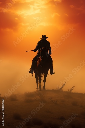 A silhouette of a cowboy on horseback with a dramatic sunset sky and a dusty  desert landscape in the background.