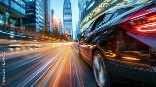 High-speed car driving in the city, motion blur light trail on the street road with skyscrapers in the background, business urban traffic lifestyle.