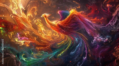 Create a breathtaking 3D illustration of a rainbow-hued phoenix rising majestically from vibrant