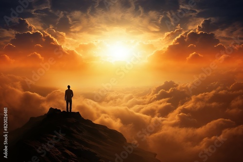 A silhouette of a person stands atop a mountain with a dramatic sunrise and dense clouds filling the sky.