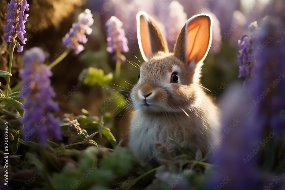 A cute rabbit sits amidst purple flowers in soft, golden sunlight, creating a serene and enchanting woodland scene.