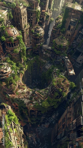Craft a surreal scene of a birds-eye view showing an abandoned labyrinthine cityscape consumed by pulsating organic growths © Chano_1_na