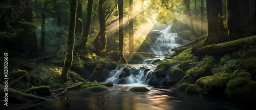 A serene forest waterfall bathed in sunlight with lush green moss and trees, creating a tranquil natural haven.