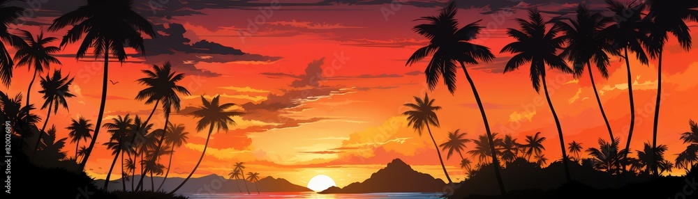 Fototapeta premium A vibrant sunset over a tropical island, with silhouettes of palm trees and mountains framing the scene against an orange and purple sky.