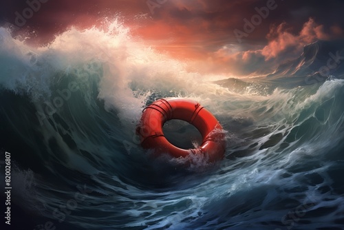 A lone red life buoy floats amidst turbulent ocean waves during sunset, with dramatic lighting highlighting the churning water and sky.