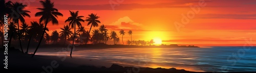 Stunning tropical beach sunset with palm trees silhouetted against a vibrant orange and pink sky  reflecting over calm ocean waves.