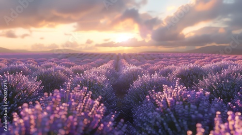 Lavender field at dusk  soft purple hues  wideangle  rows of flowers  fading sunlight  tranquil ambiance